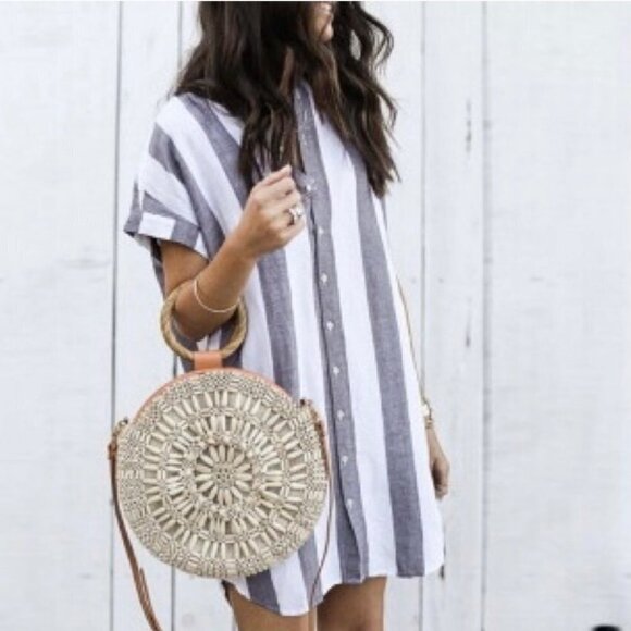 Madewell Maywood Grey & White Stripe Linen Short Sleeve Button Front Shirtdress